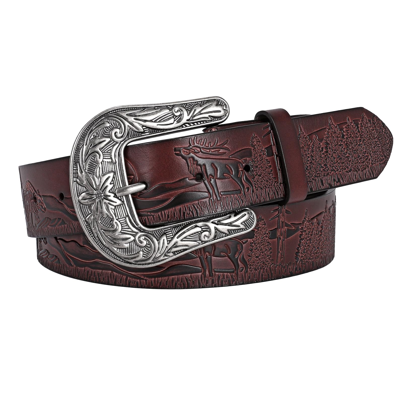 BELTROAD Western Leather Belt for Women Men 1 5 Embossed Country Belt Leather Cowboy Buckle Belts for Jean