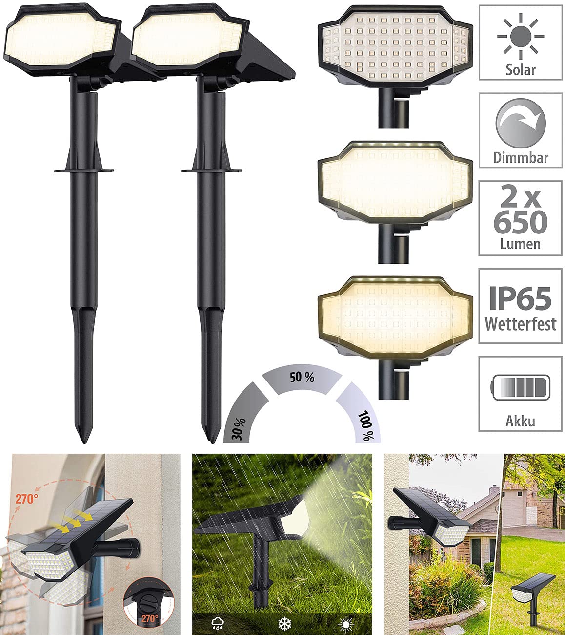 Luminea Set di 2 faretti solari da giardino a LED ad alta potenza, 650 lm, IP65, luce bianca calda (picchetto solare da giardino, illuminazione solare per terrazze, lampada da giardino)