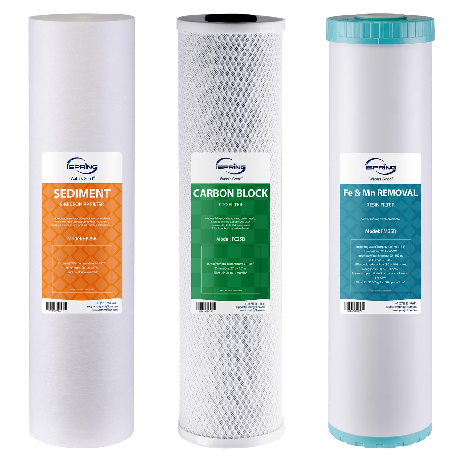 iSpring F3WGB32BM 4.5 "x 20" Juego De Filtro De Agua De 3 Etapas Para Toda La Casa, Paquete De Repuesto Con Sedimento, Bloque De Carbono CTO y Cartuchos Reductores De Hierro y Manganeso Para WGB32BM | Reduce el hierro, manganeso, cloro, sedimentos, 4.5" x