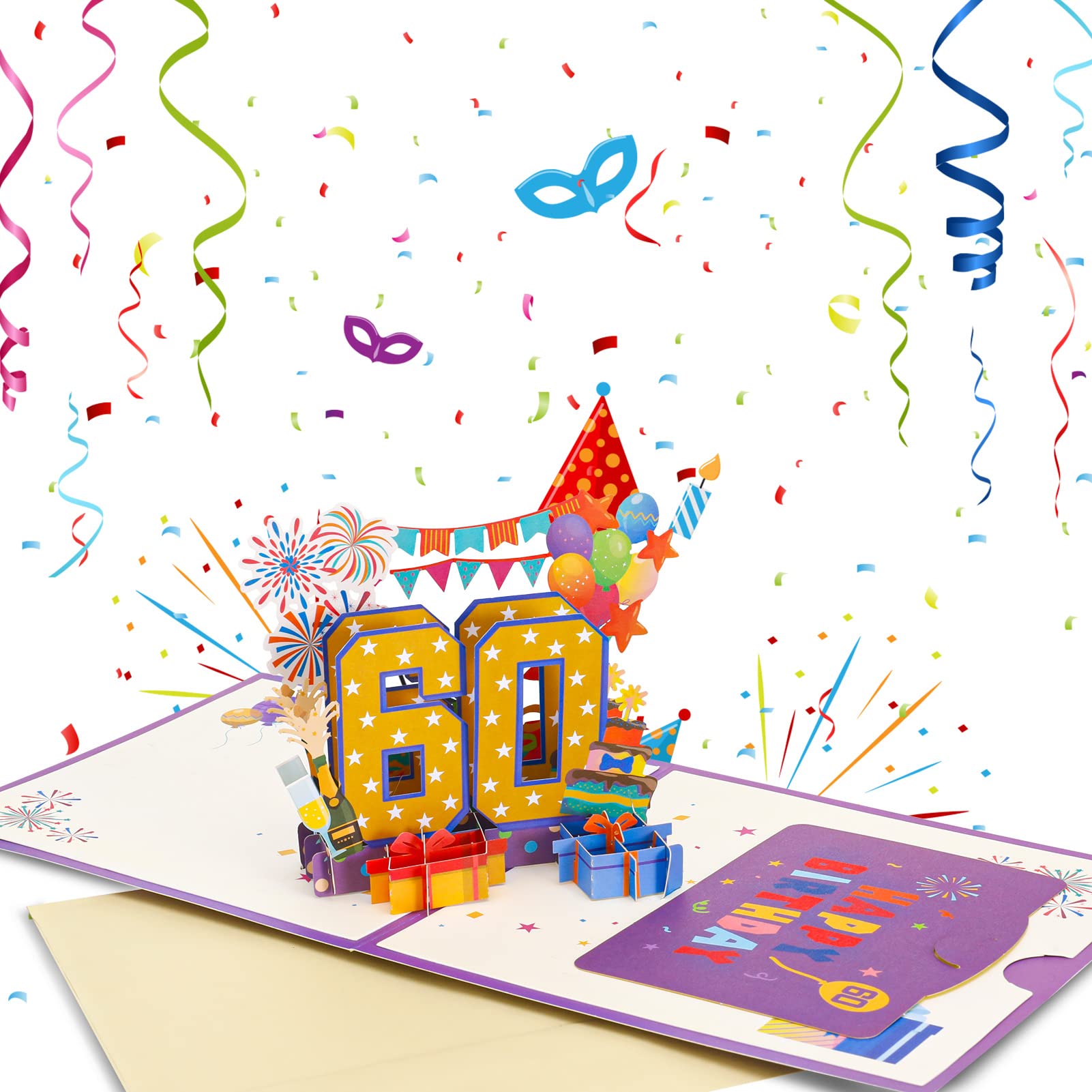 Biglietto auguri 60 anni Numero 60 e Palloncini – pop-up 3D Surprise