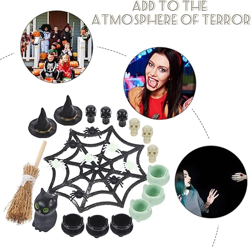 Miniatura 6 de IMIKEYA Juego de 25 adornos en miniatura de Halloween, mini figurita de araña falsa sombrero de bruja de Halloween, escoba de Halloween, accesorios
