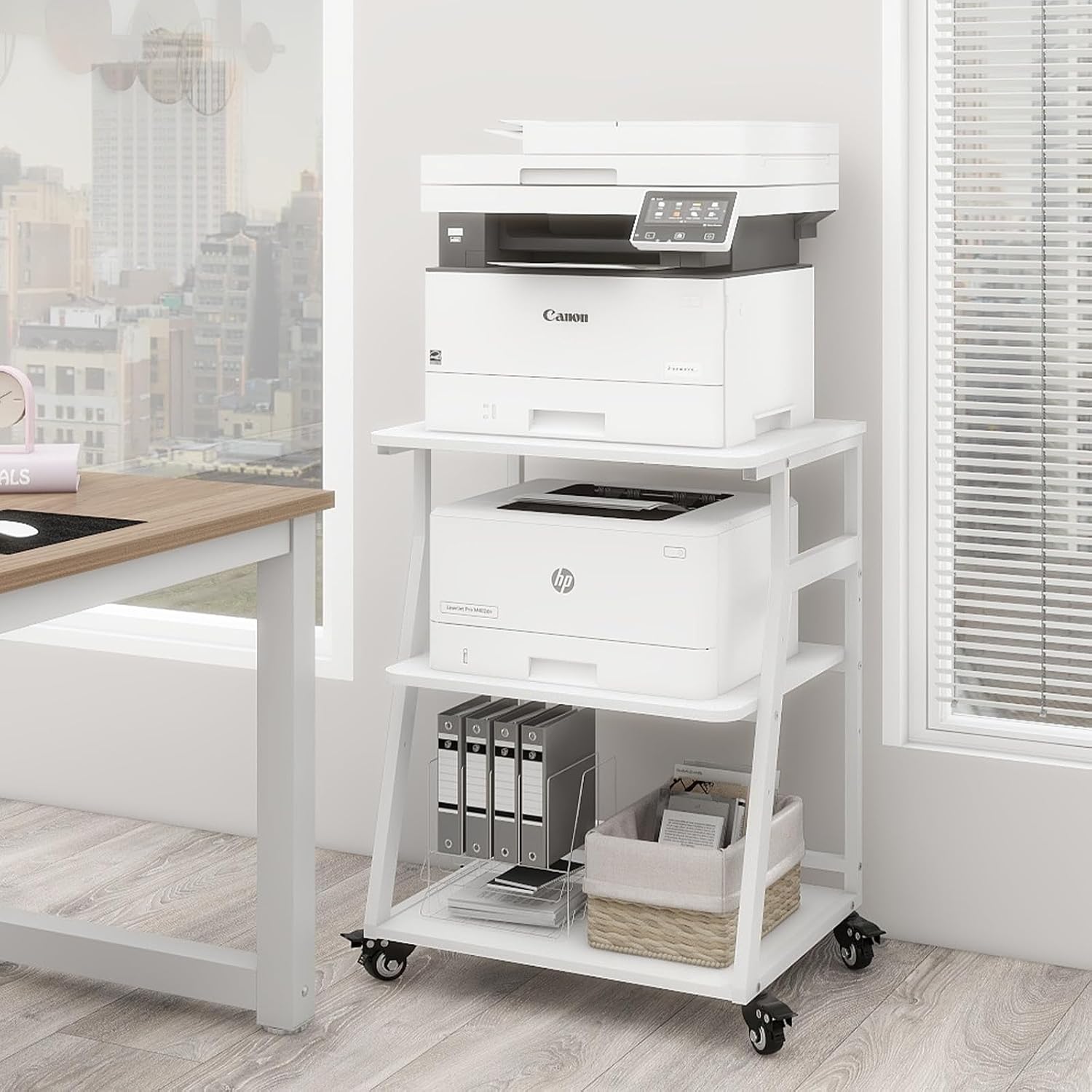 PUNCIA 60x50x75cm 3 Tier Printer Table with Storage, Rolling Cart with Adjustable Storage Shelf for Home Office Organization, Stand for Heat Press, 3D Printer White