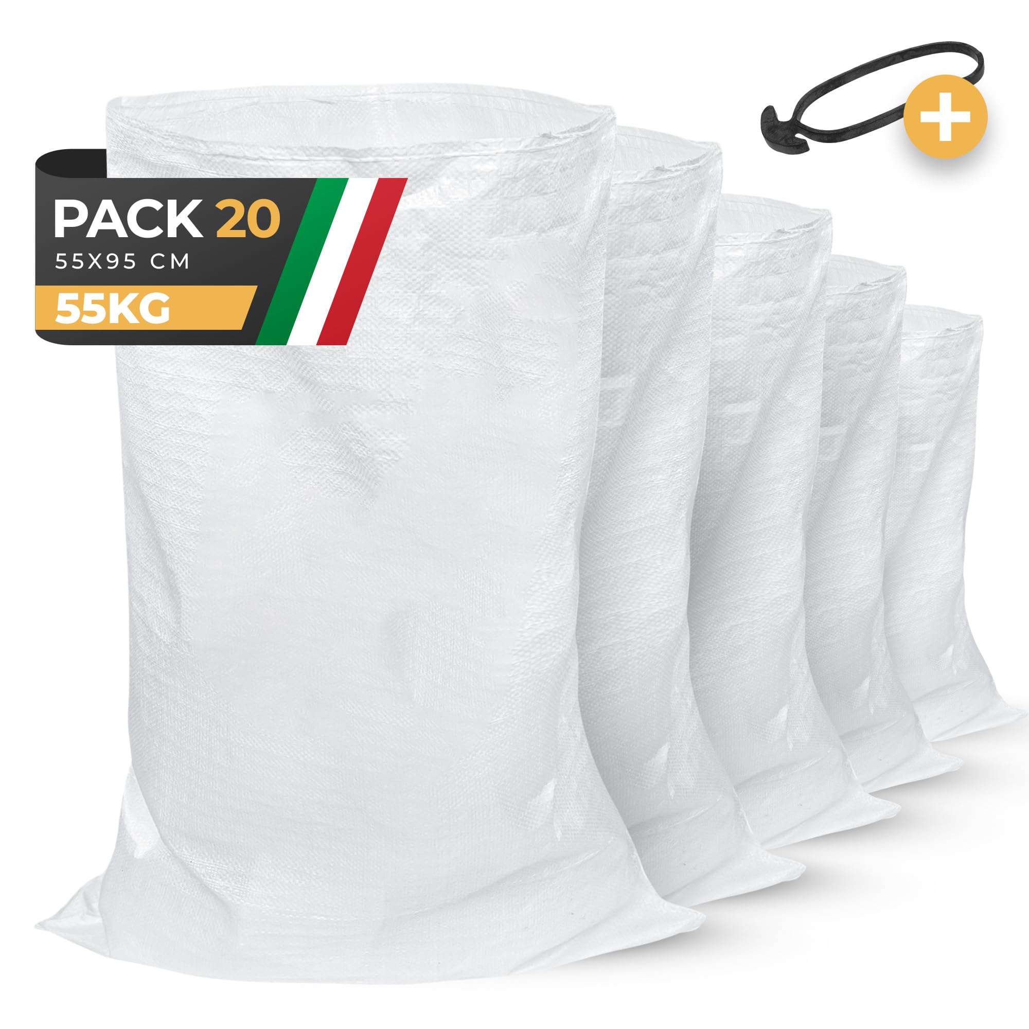 Sacchi per Macerie (20 UNITÁ) | 55 x 95cm - Resistente (55 kg) e Riutilizzabile | Sacchi in Polipropilene | Perfetto per Sabbia, Terra, Giardino, Edilizia e Foglie