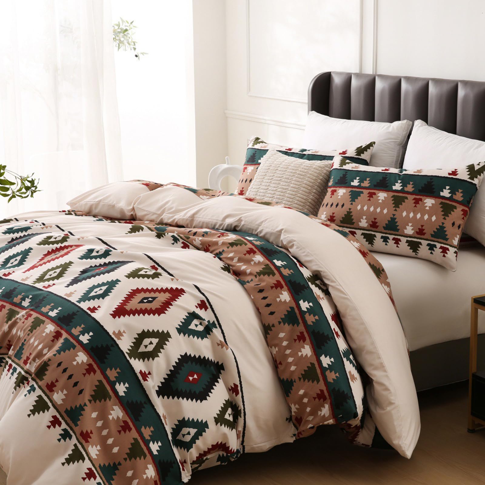 Merry Christmas King Size Duvet Cover Sets Bohemian Bedding Sets Reversible Boho Duvet Set with 2 Pillowcases Zipper Super Soft Xmas Decorations Brushed Microfiber Machine Washable 230x220 cm Beige