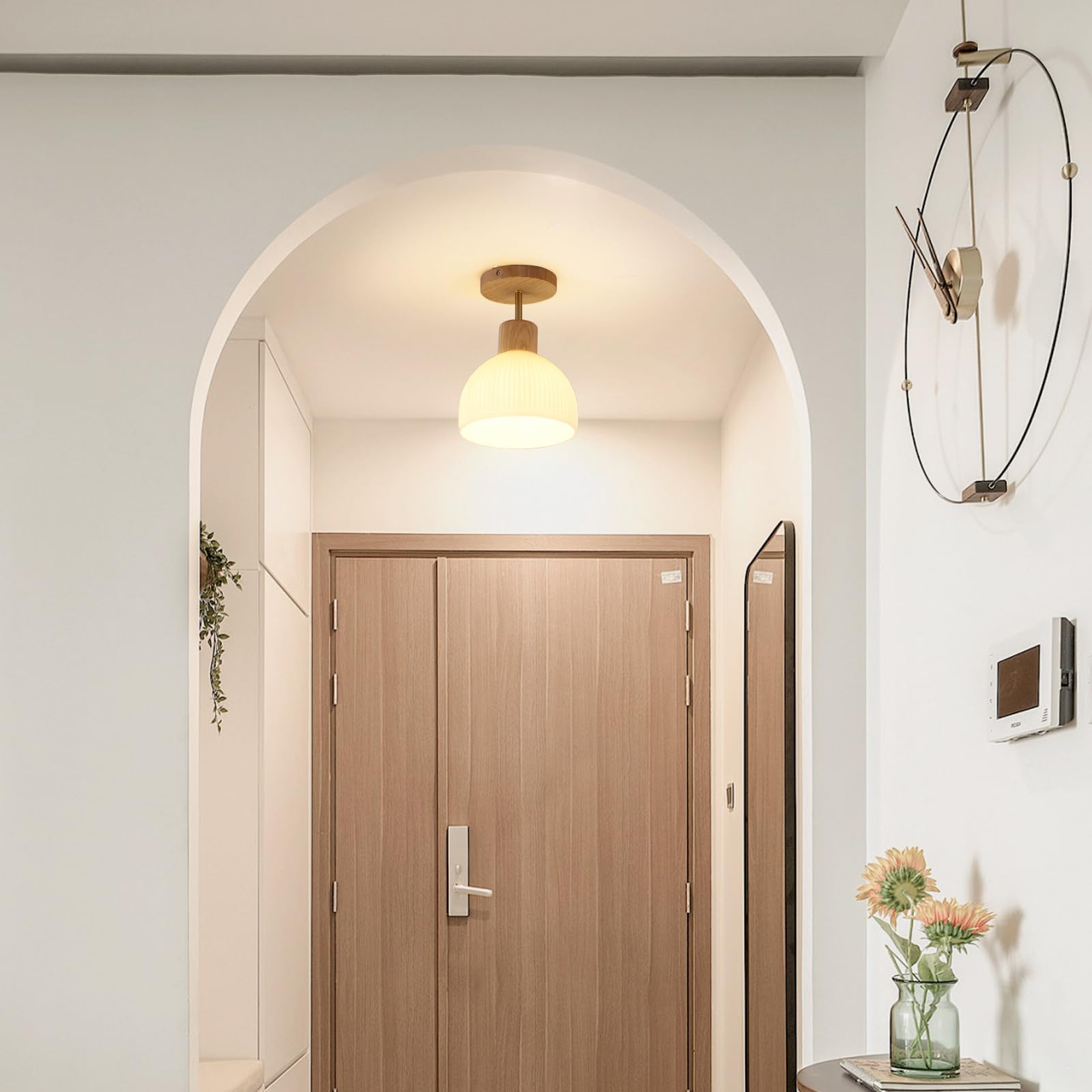 Mini Lampadario Camera Da Letto, Plafoniera Da Soffitto Moderno in Legno E Vetro, Semplice Per Soggiorno, Passway, E27