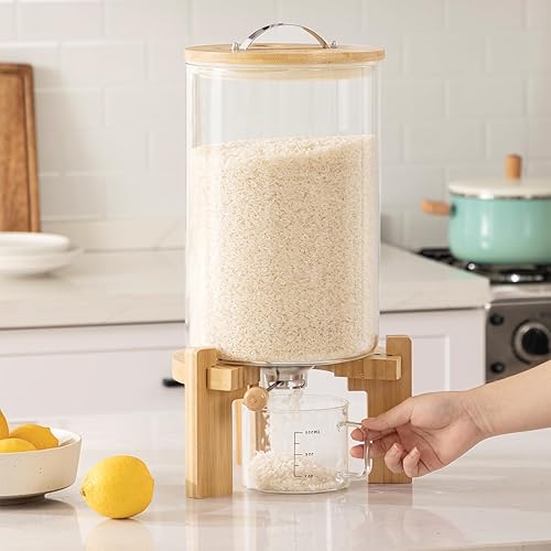 Miniatura 5 de HBlife Dispensador de arroz de vidrio de 14 a 16 libras con soporte de madera, contenedor de harina y cereales con taza medidora de vidrio