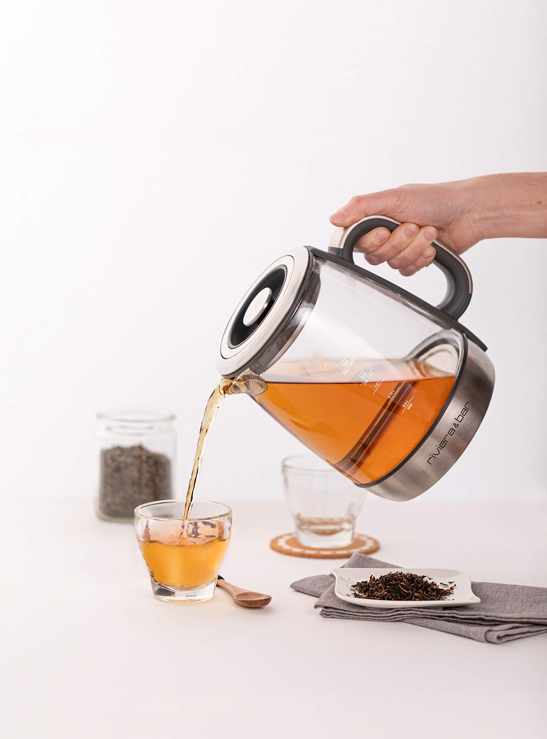 riviera&bar Cha Dao Expert Teekessel mit einstellbarer Temperatur, Hartglas und Edelstahl, leiser Modus, optimaler Tee-Aufguss, 1,5 l, 22 x 36,5 x 29,5 cm