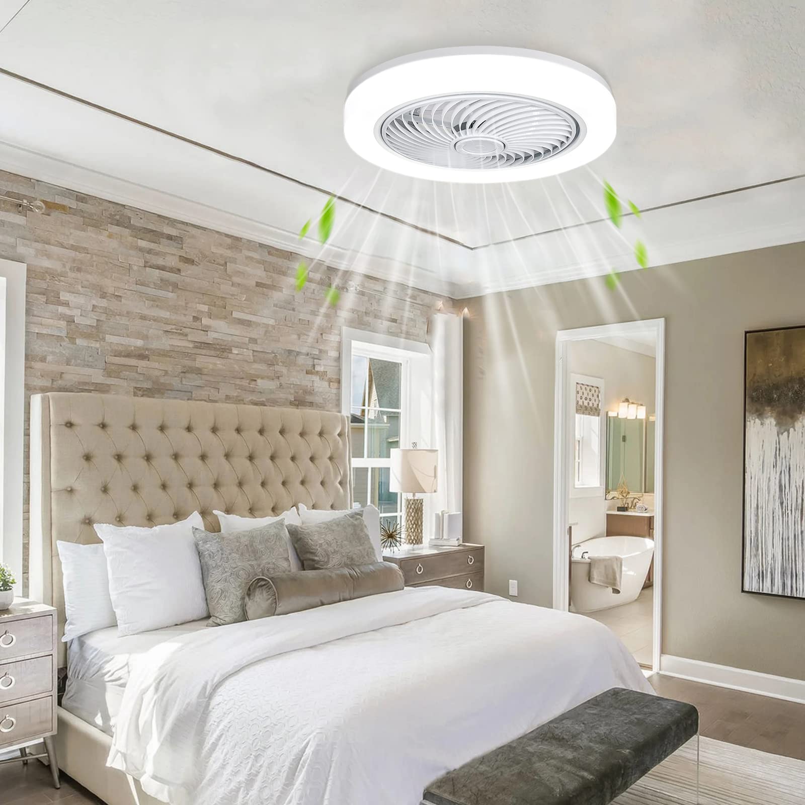 Ceiling Fans with Lights Remote Control, 18” Modern Flush Mount Ceiling Fan with LED Lights, Dimming 3 Colors 3 Speeds Small Bladeless Ceiling Fan Low Profile for Bedroom, Living Room, Kitchen(White)