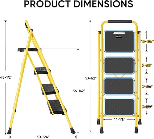 Vista 38 de TICONN Escalera de 3 escalones, taburete plegable resistente, taburete plegable de acero portátil para almacenamiento de garaje doméstico (negro)