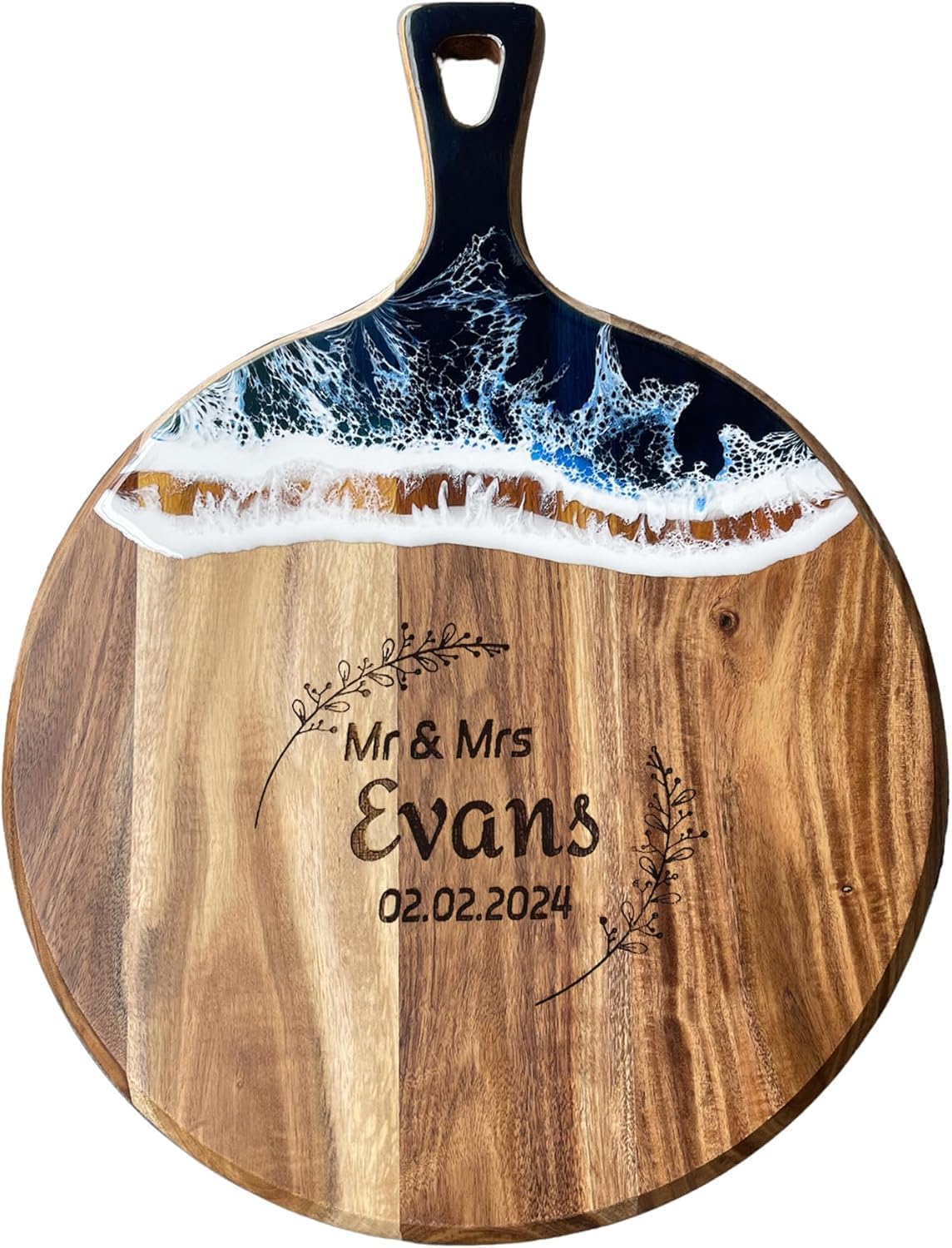 Personalized Resin Wave Cheese Board with Handle, Wooden Chopping Board,Round Paddle Charcuterie Board for Meat Bread Serving Board,Carving Cheese Board,Christmas Gift,Anniversary Gift