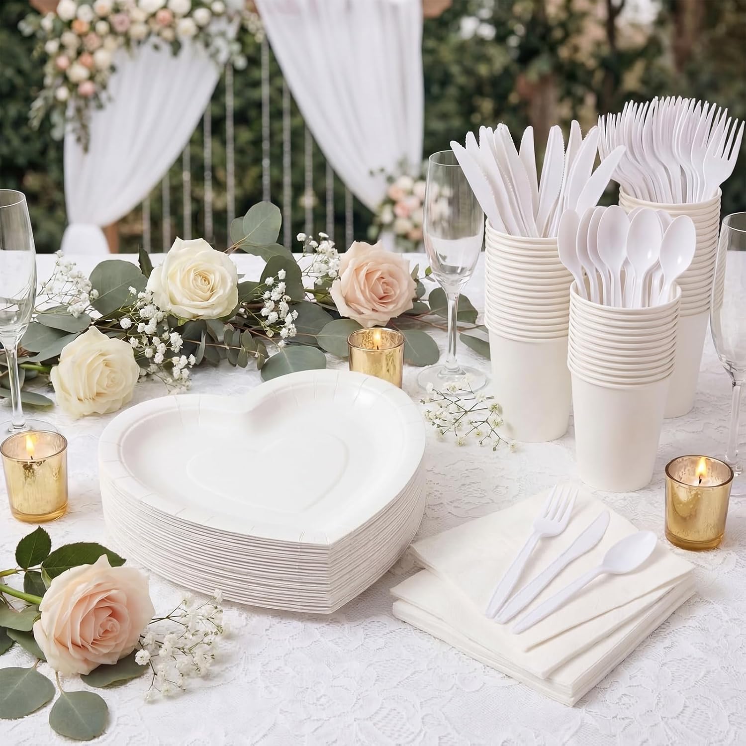 FoldTier 216 Pcs Wedding White Heart Paper Plates and Napkins 36 Guests Disposable Tableware Set Party Supplies, Paper Plates Cups Napkins Plastic Knives Forks and Spoons for Wedding Bridal Shower