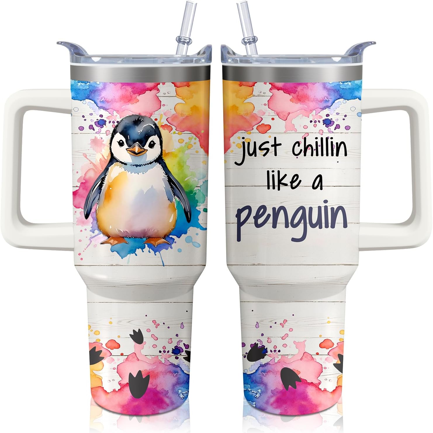 40oz Penguin Tumbler with Handle and Straw, Stainless Steel Insulated Cup with Lid and Straw, Travel Coffee Mug Water Bottle, Birthday Mothers Day Gifts for Women Men Animal Lovers
