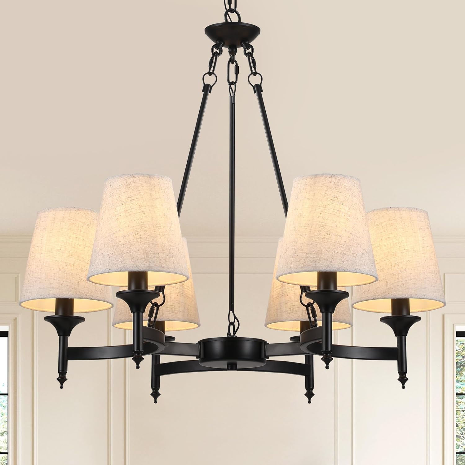 Black Industrial Farmhouse Chandelier, 27.2" 6-Light Pendant Light with Linen Fabric Shades, Adjustable Hanging Fixture for Kitchen Island Dining Room Bedroom Entryway