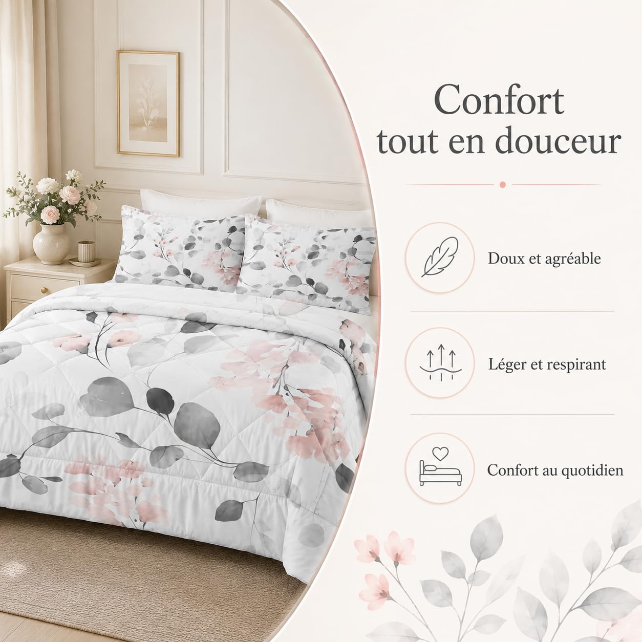 Couette 220x240 Imprimée Feuilles D'eucalyptus Couette 4 Saisons Gris Couette sans Housse Couette 2 Personnes en Microfibre, Couette Réversible Ultra Douce Lavable en Machine