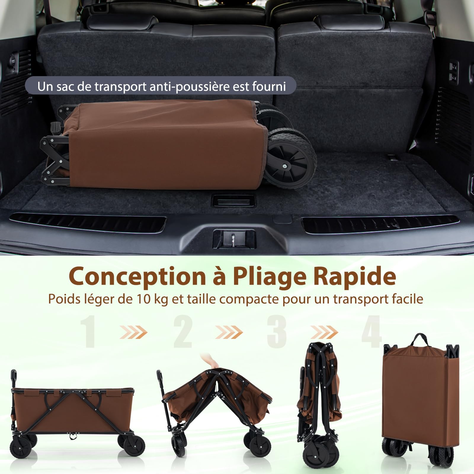 GYMAX Chariot de Plage Pliable à roulettes, avec Guidon Réglable, Porte-Bouteilles et Poche de Rangement, Chariot Utilitaire Pliable d'Extérieur, pour Camping-Jardin-Plage (Brun)