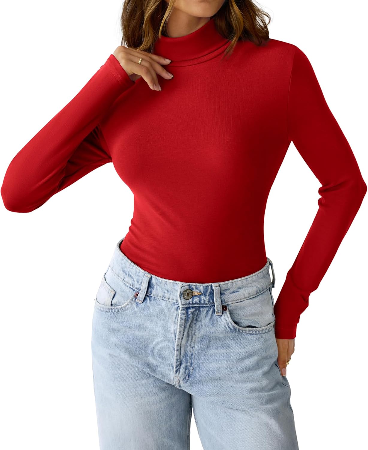 Womens Long Sleeve Shirts Mock Turtleneck Turtle Neck Fall Fashion Basic Thermal Underwear Layer Tops Tight Slim Fit Cute Ribbed T-Shirts Winter Trendy Clothes 2025 Red XL - Image 6