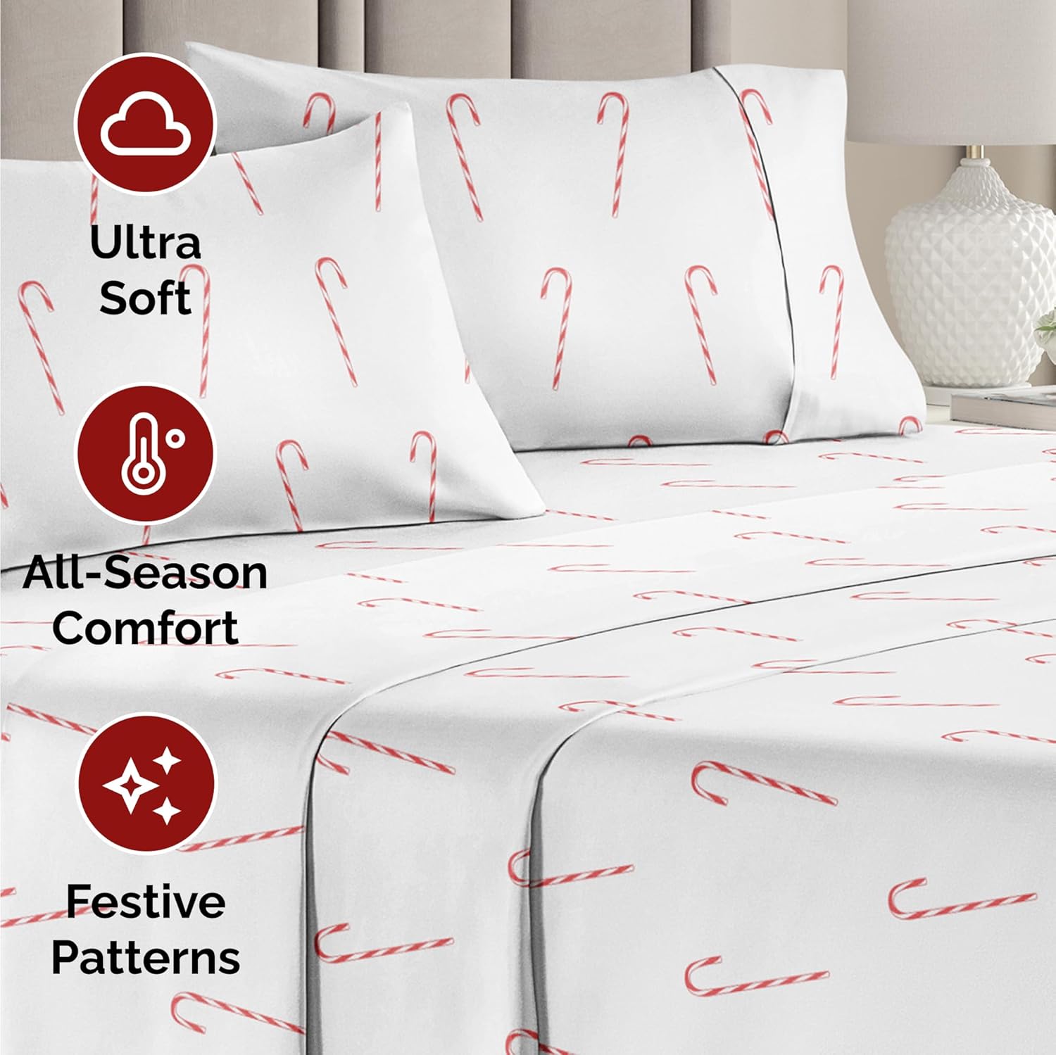Queen Christmas Candy Canes Sheet Set - Holiday Xmas Pattern Bedding Set - Deep Pockets - Snug Fit - 4 Piece - Wrinkle Free - Cozy Cooling Festive Winter - Holiday Sheets for Women, Men, Kids & Teens