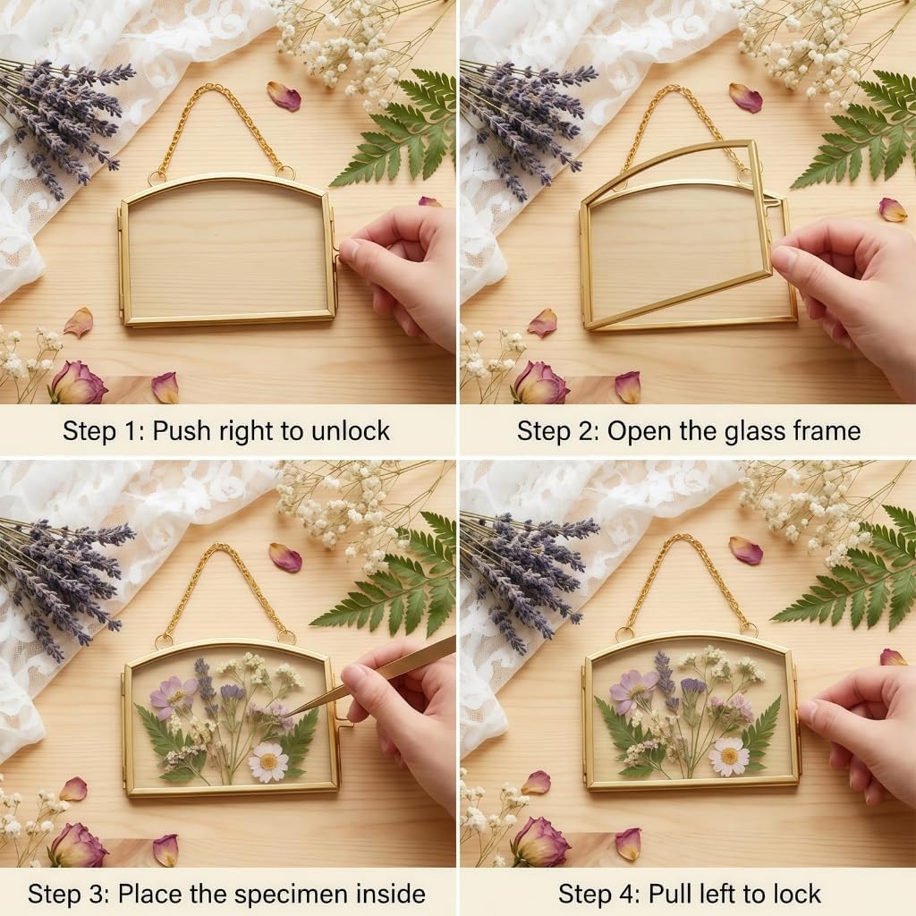 Pack of 2 Mini Double Glass Pressed Flower Photo Frame Craft with Metal Chain
