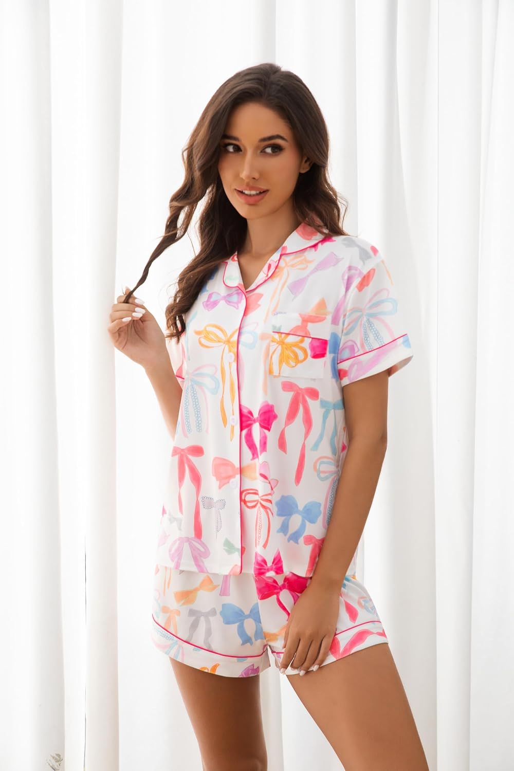 Women's 2 Piece Bow Print Pajama Sets Sleepwear Short Sleeve Button Down Shirt and Shorts Nightwear Pjs Lounge Sets - Image 4