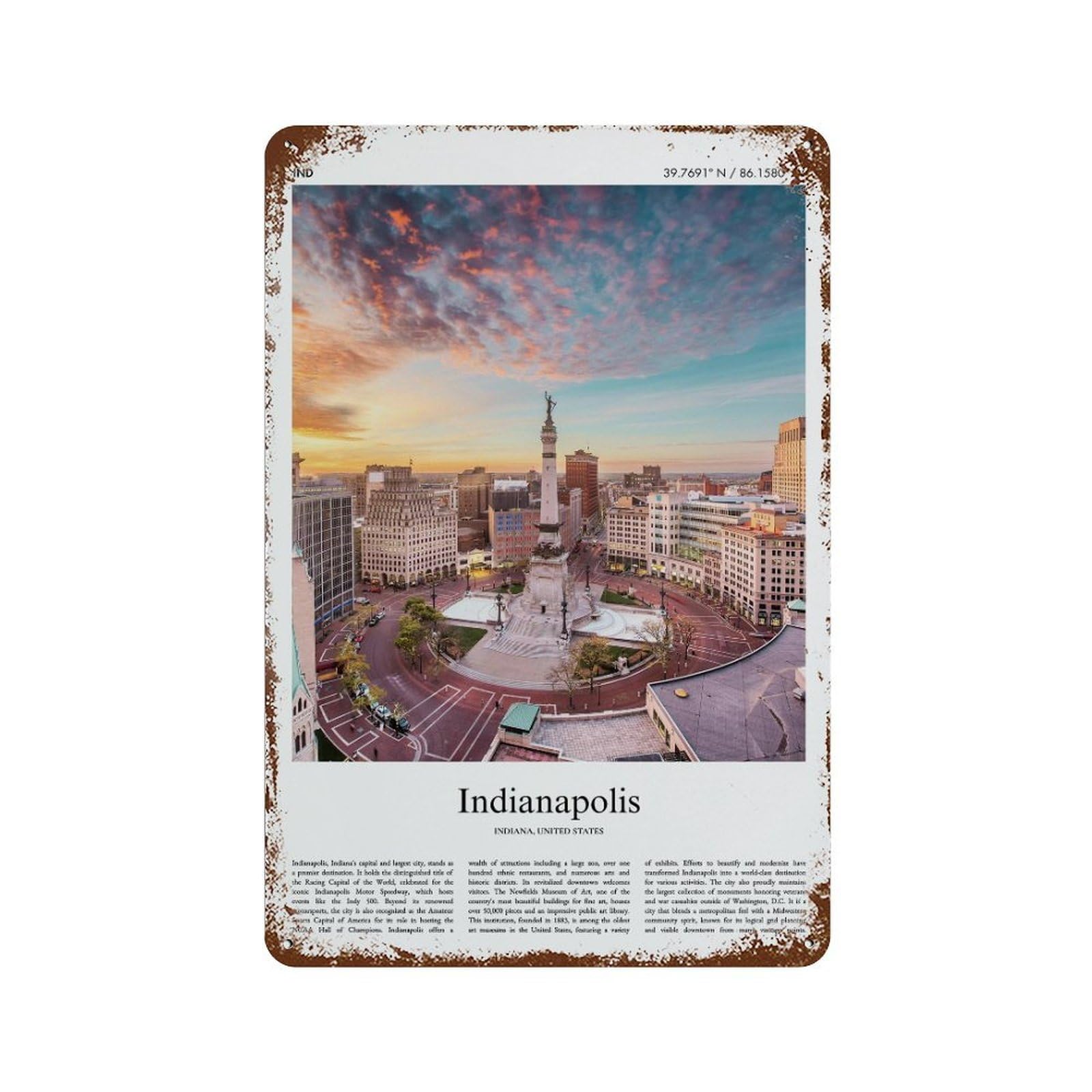 xiaoxiaoshen Indianapolis Indiana, United States, USA City Scenery Wall Decor Art Metal Tin Poster Modern Home Decor Art Home Bar Shop Decorations Vintage Sign 30x20cm