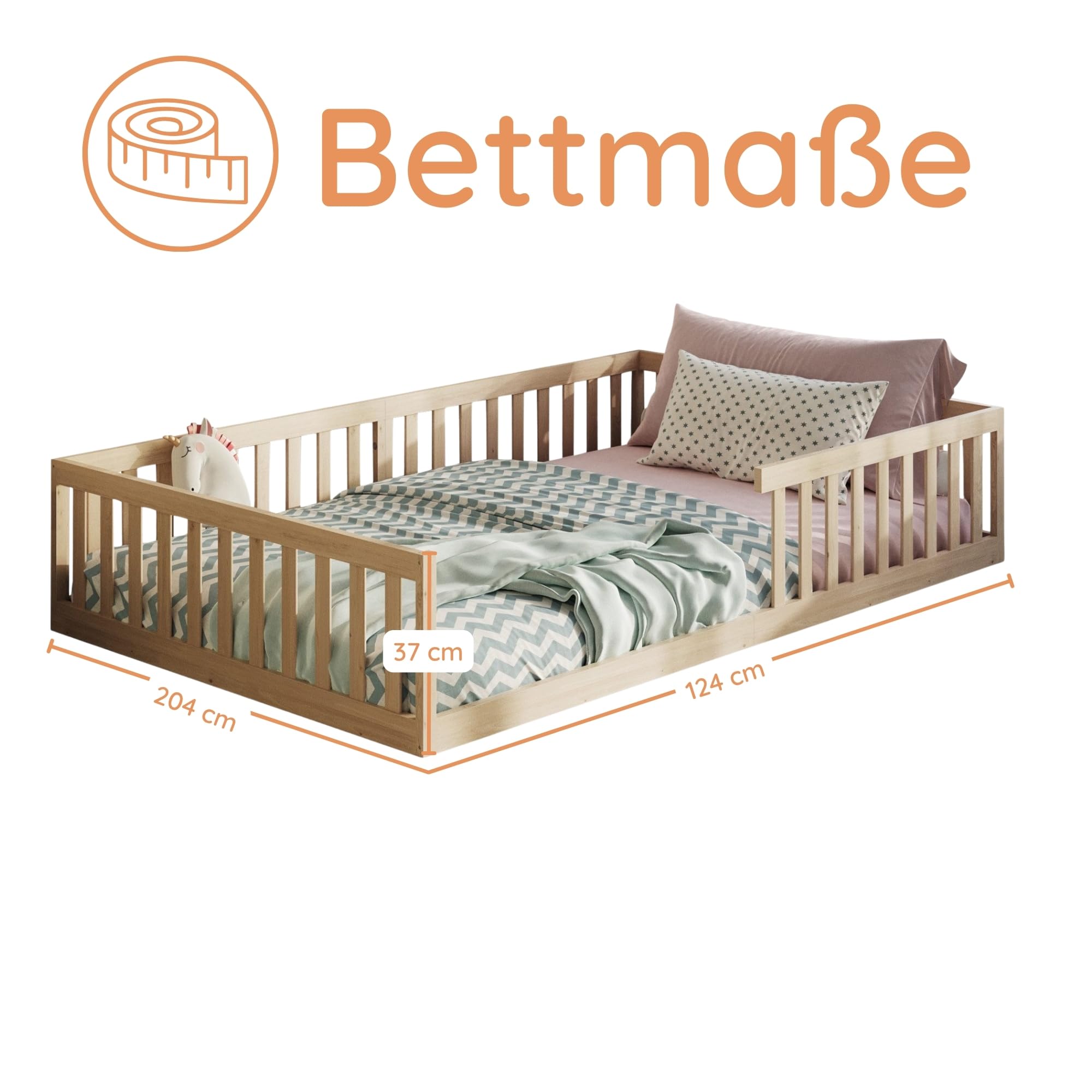 Kids Collective Kinderbett Bodenbett 120x200 cm mit Rausfallschutz & Lattenrost Montessori Bett Bed Gitterbett Kinder Jugendbett Einzelbett | Natur weitere Größen | 90x200 | 140x200 cm