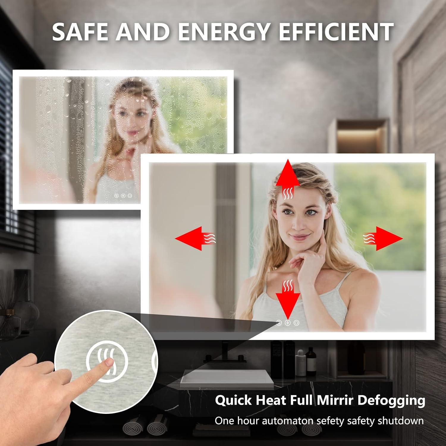 D'amour 48X36 Large Led Bathroom Mirror with Lights High Lumen Lighted Frameless Smart Mirror， CRI 90， IP67, Anti-Fog， ETL UL Listed.3 Buttons（ Horizontal & Vertical）