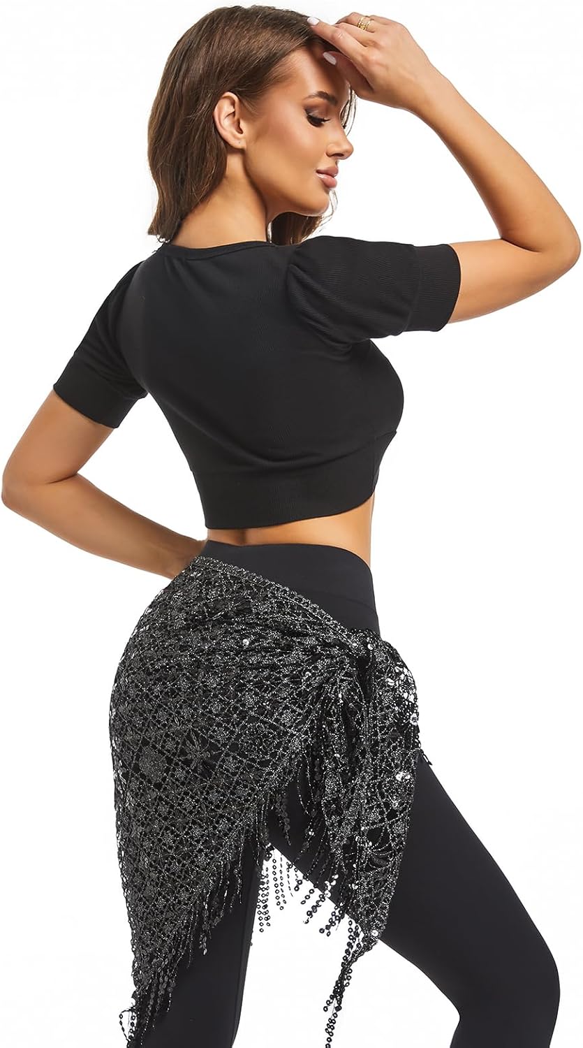 Belly Dance Hip Scarf - Sequin Hip Skirt Belly Dancing Belt Triangle Shawl Tassel Belts Waist Chain for Women/Girls - Image 3