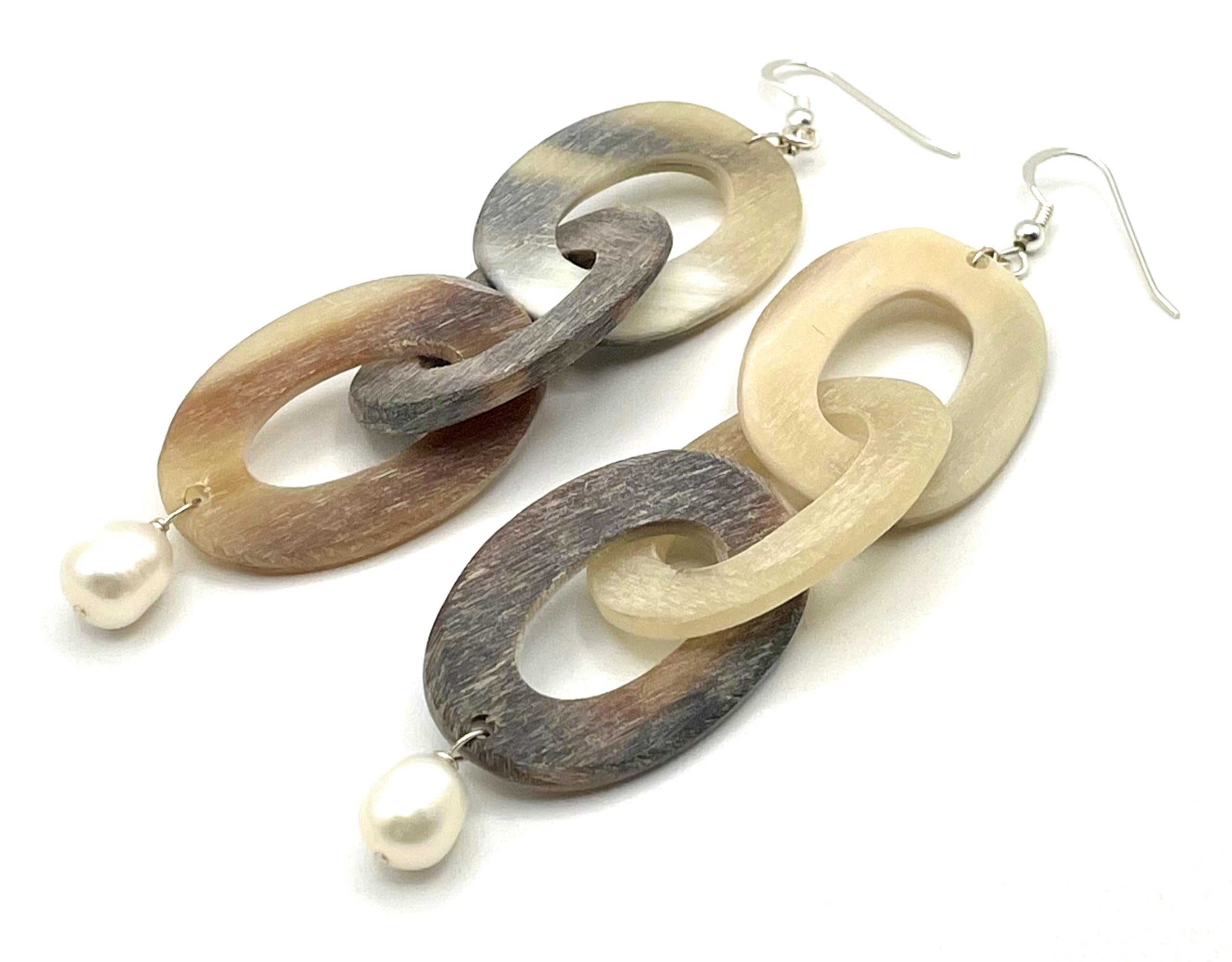 Orecchini con Corno e Perle Bianche Naturali, Pendenti Lunghi in Argento 925, Gioielli Pietre Dure, Regalo Compleanno per Lei, Bijoux