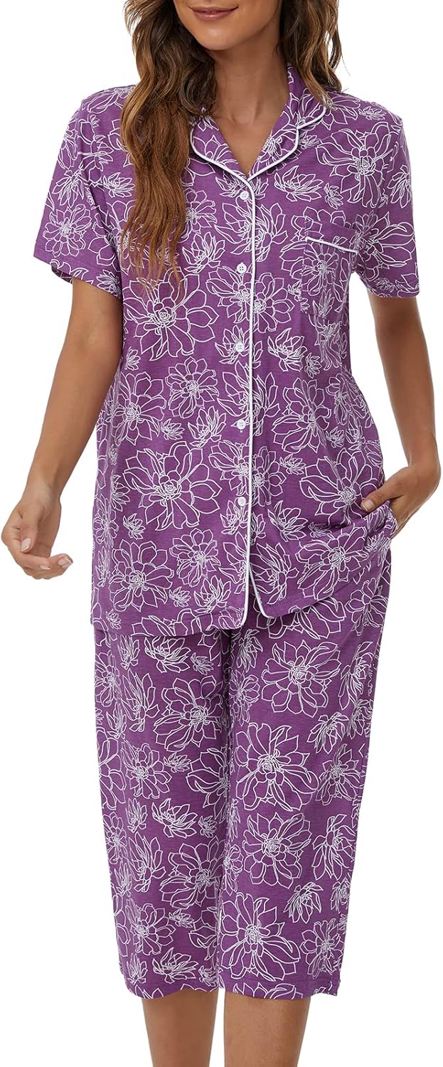 Tugege Capri Pajamas Set Womens Button Down Short Sleeve Lounge Sets Sleepwear Notch Collar Top & Capri 2 Piece PJ Sets