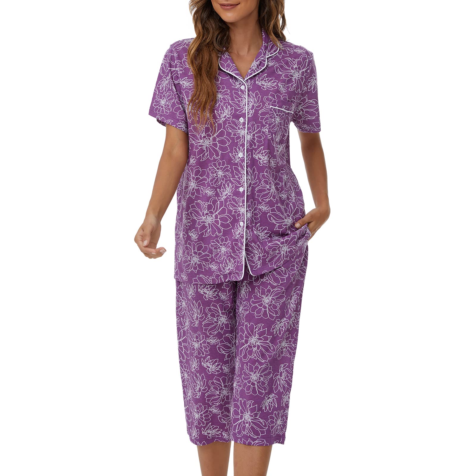 Tugege Capri Pajamas Set Womens Button Down Short Sleeve Lounge Sets Sleepwear Notch Collar Top & Capri 2 Piece PJ Sets