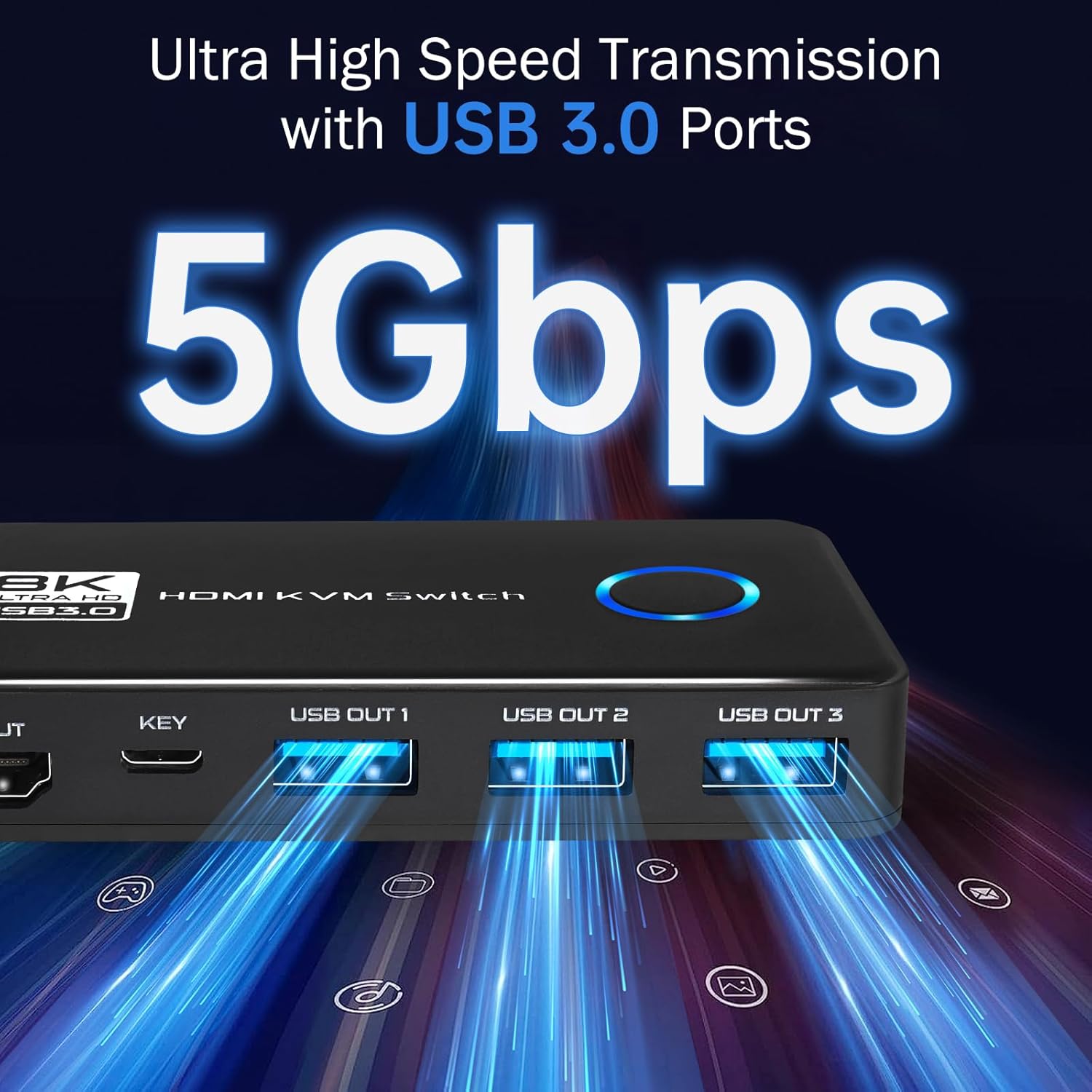 Close-up of USB 3.0 ports on KVM switch with '5Gbps' text indicating high-speed transmission