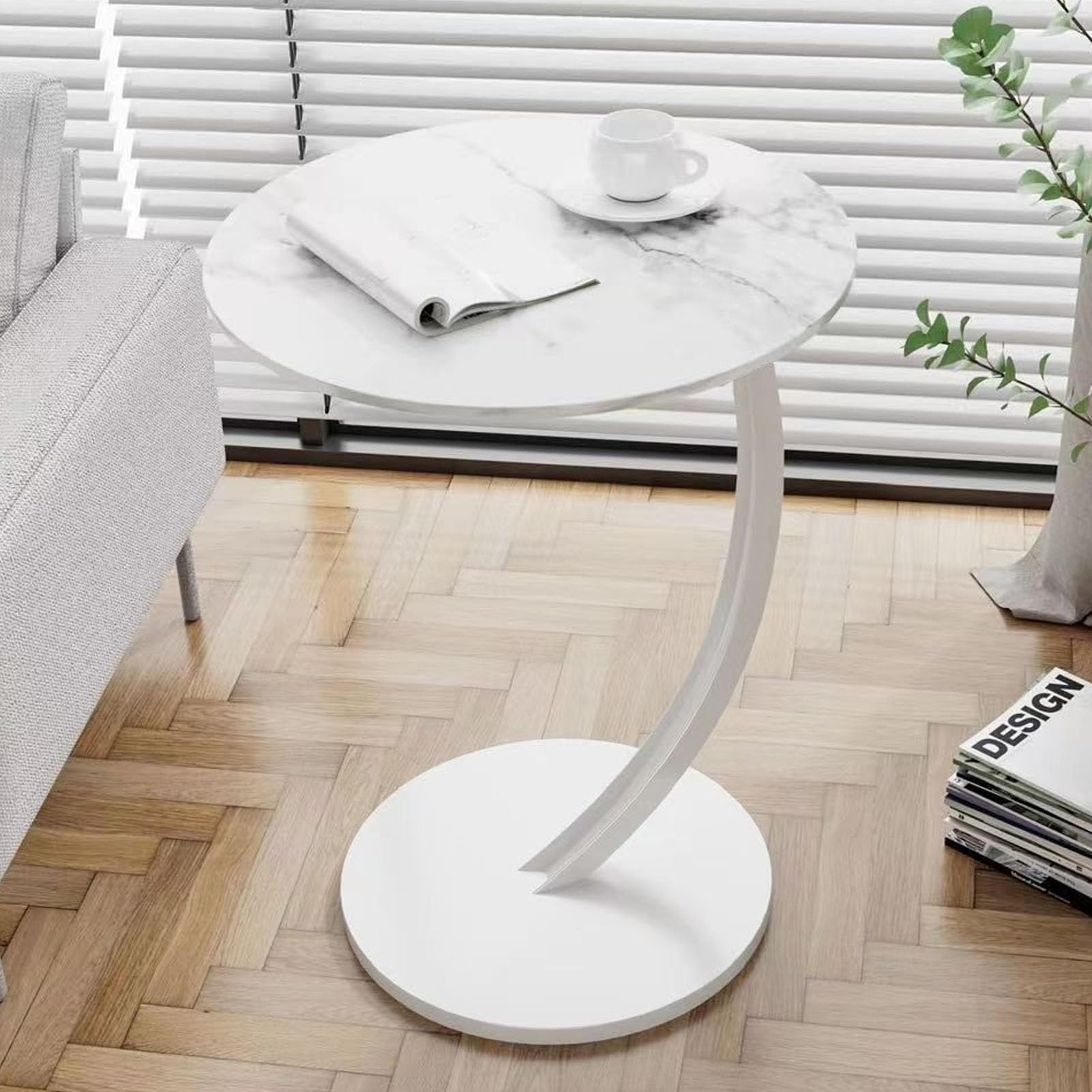 VAODO C Shaped End Table, Coffee Table, Round Side Table, Couch Table, Snack Side Table, for Small Spaces, Living Room Bedroom, White+White