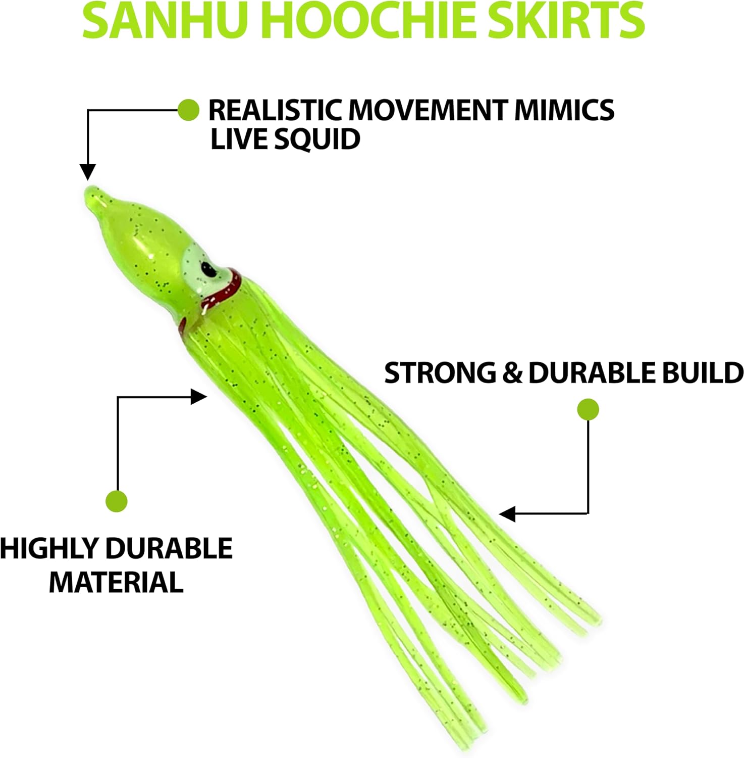 4.75" Hoochie Squid Skirts, 40 Pcs Chartreuse Color, for Saltwater & Freshwater Trolling, Includes Soft Plastic Bodies, Ideal for Salmon, Tuna, Mahi & Offshore Game Fishing