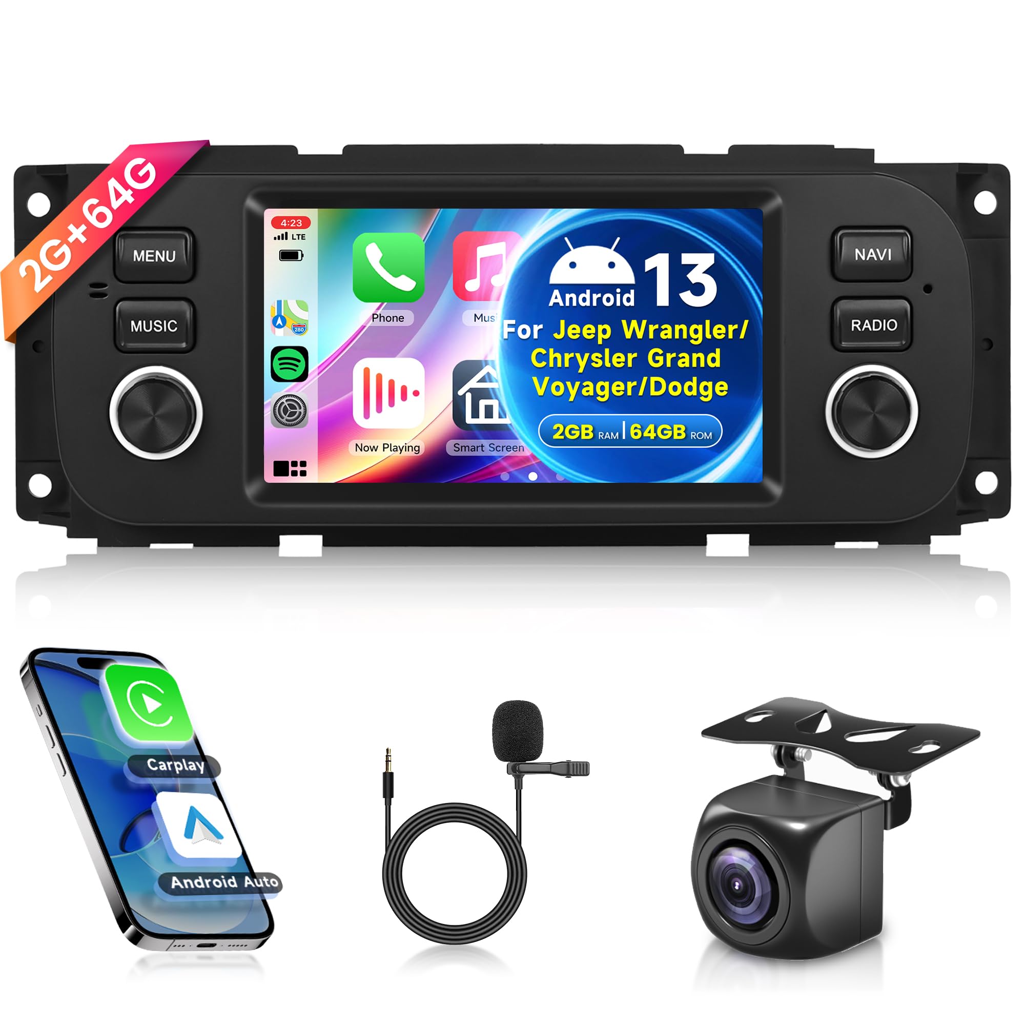 2G+64G Wireless Carplay Android Radio de Coche para Jeep Grand Cherokee Wrangler Liberty Chrysler Grand Voyager 300M PT Cruiser RAM 1500 2500 5 Pulgadas Radio Android Auto Navi GPS WiFi Bluetooth FM