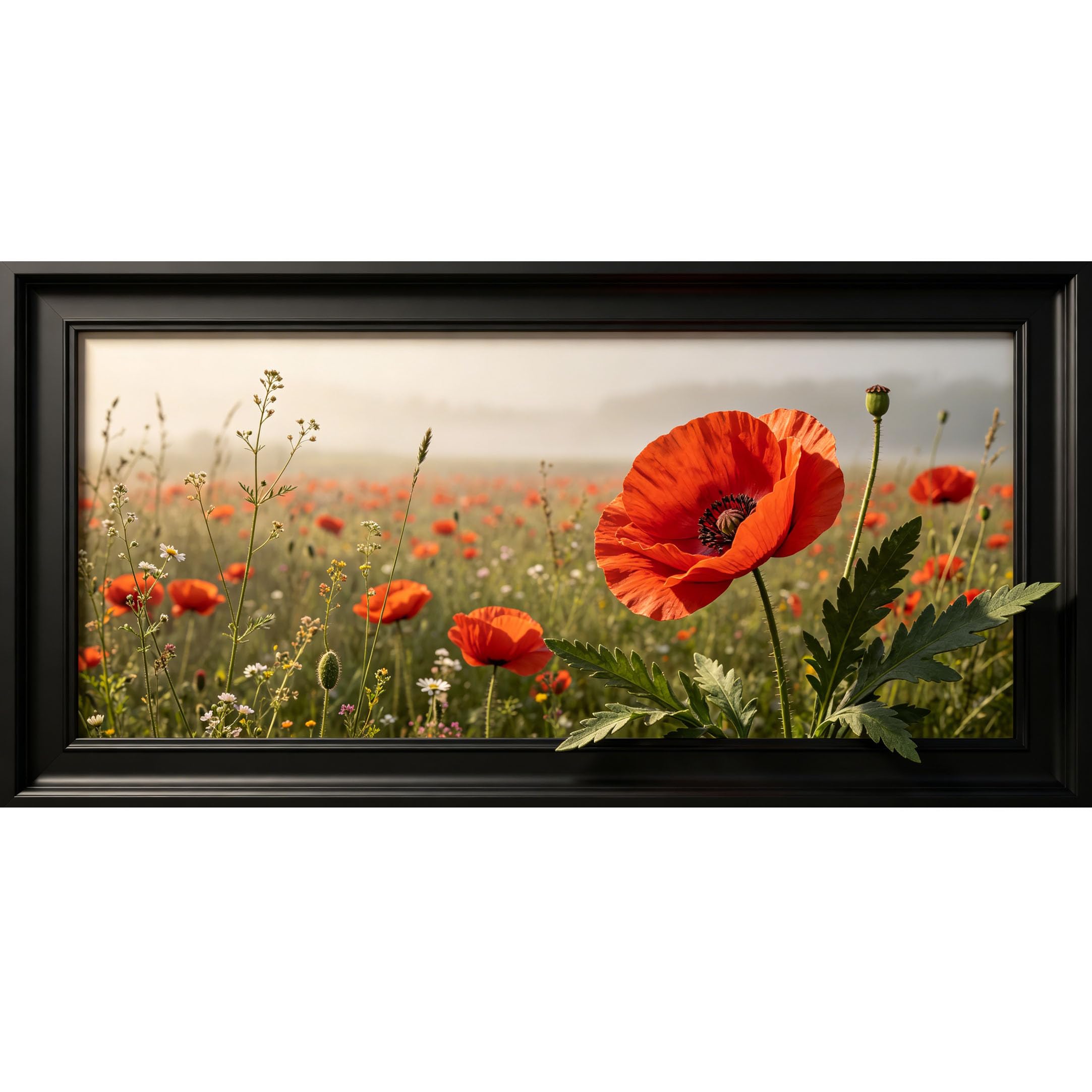 Agglomerix 3D Framed Wall Art Red Flower Meadow Botanical Field Landscape 3D Effect Large Size SelfAdhesive Removable Wall Decor Prints Artwork for Living Room Bedroom Office