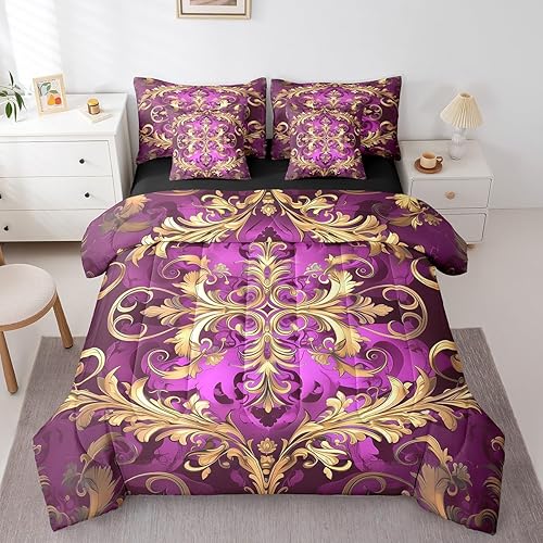Erosebridal Golden Damask 7 Piece Queen Comforter Set, Vintage Florals Exotic So