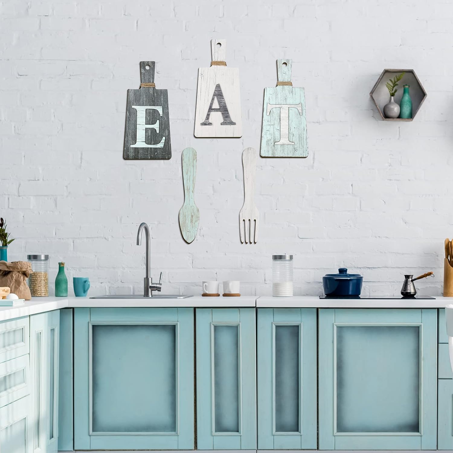 Jetec Cutting Board Eat Sign Set Hanging Art Kitchen Eat Sign Farmhouse Fork and Spoon Wall Decor Rustic Primitive Country Kitchen Decor for Home over Cabinet Decoration(Gray, White, Blue)