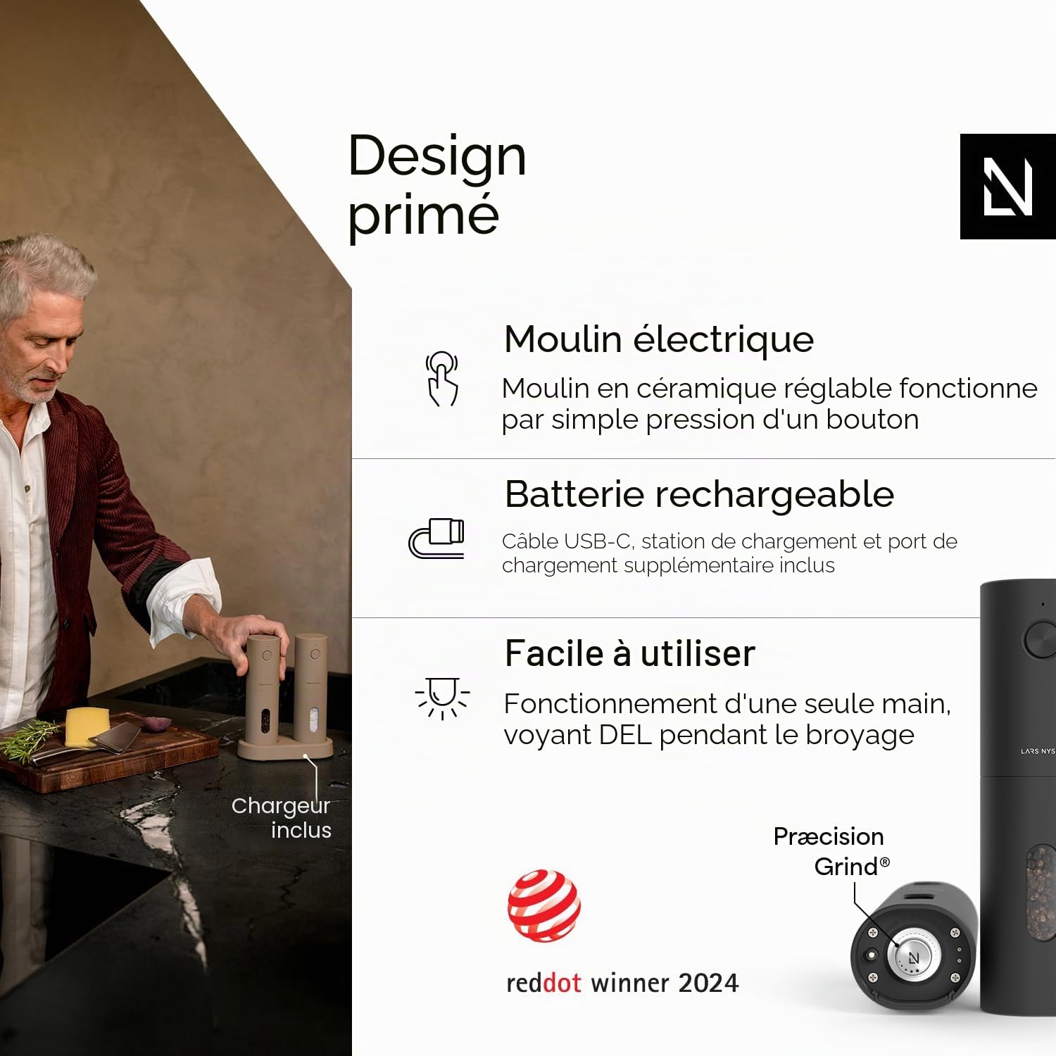 Moulin électrique sel et poivre LARS NYSØM automatique broyeur céramique rechargeable USB Carbon Black