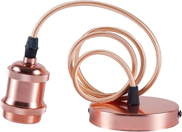 Sevenpers Pendant Light Fitting Ceiling Rose Light Pendant Fitting with E27 Lamp Holder Suspension Braided Flex Pendant Light Kit Rose Gold