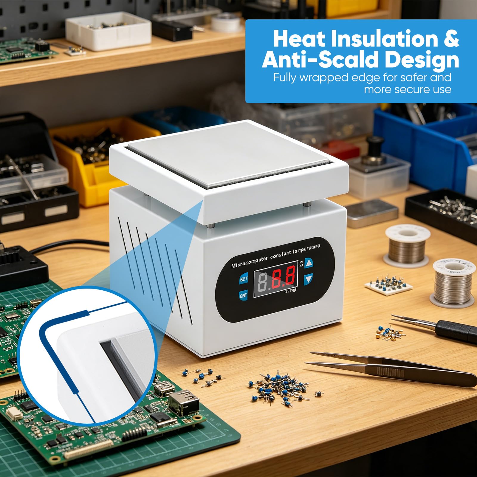 Station de Chauffage PCB, 400°C Réglable Plaque Chauffante avec Écran Numérique et Protection Anti-brûlure Plaque Aluminium à Chauffage Rapide et Régulation Thermique
