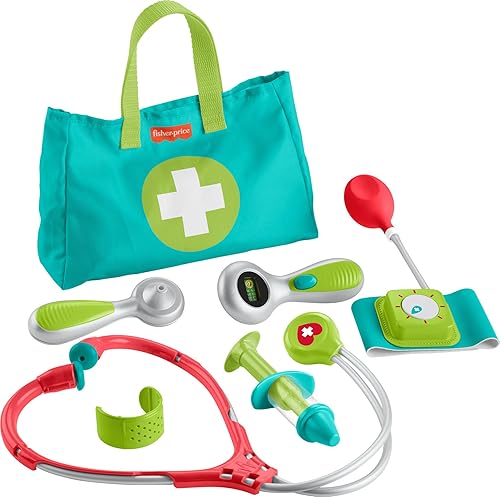 Fisher-Price Kit médico de juego de simulación preescolar, 7 piezas, bolsa de doctor, juguetes de vestir para niños a partir de 3 años