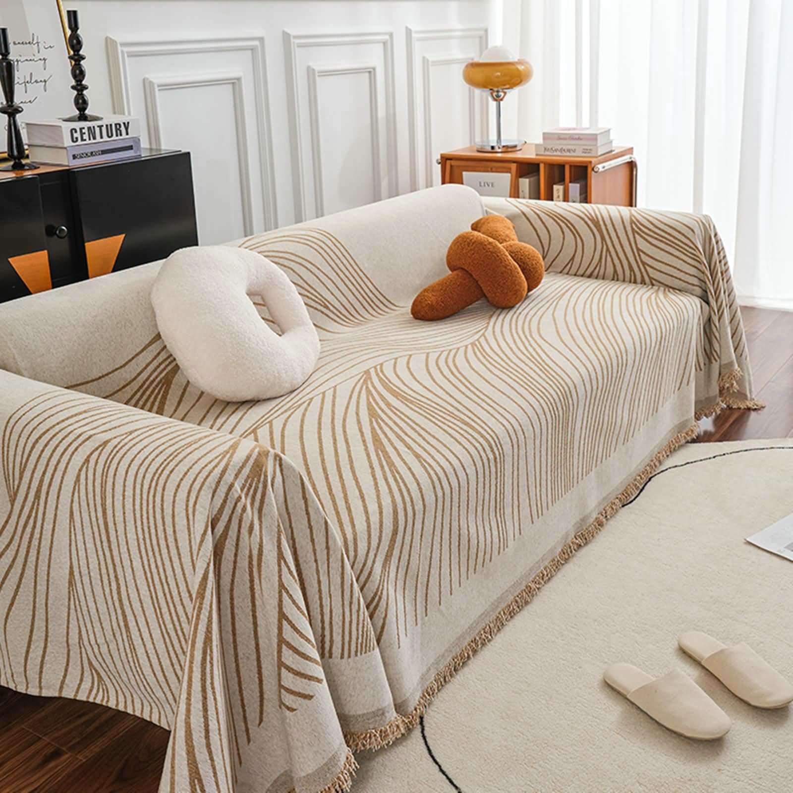 Housses de Canapé Housse Canapé Couleur Kaki Housse De Canapé Lit 4 Places Chenille Motif À Rayures Housse Canapé Angle