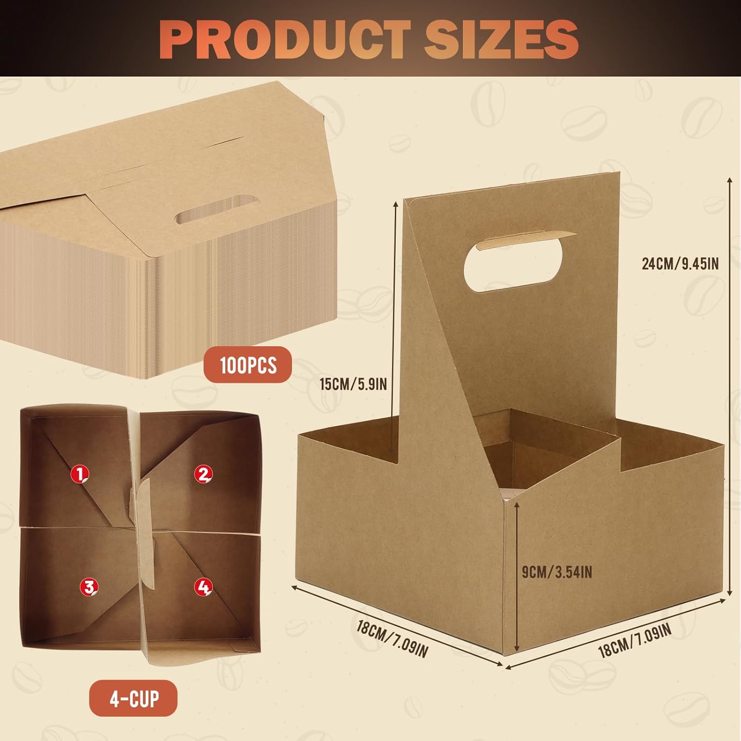 4 Cup Drink Coffee Carrier with Handle, 100 Pcs Paper Cup Holders Drink Holders Cardboard Disposable Beverage Tray Foldable Kraft to Go 12oz-32oz for Food Delivery Take Out Hot Cold Drinks