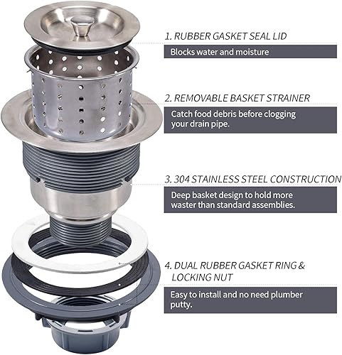 Vista 5 de Colador de Fregadero de Cocina de 3.5 pulgadas Kone, con canasta de desperdicios, conjunto de filtro extraíble, tapa de cierre, de acero inoxidable