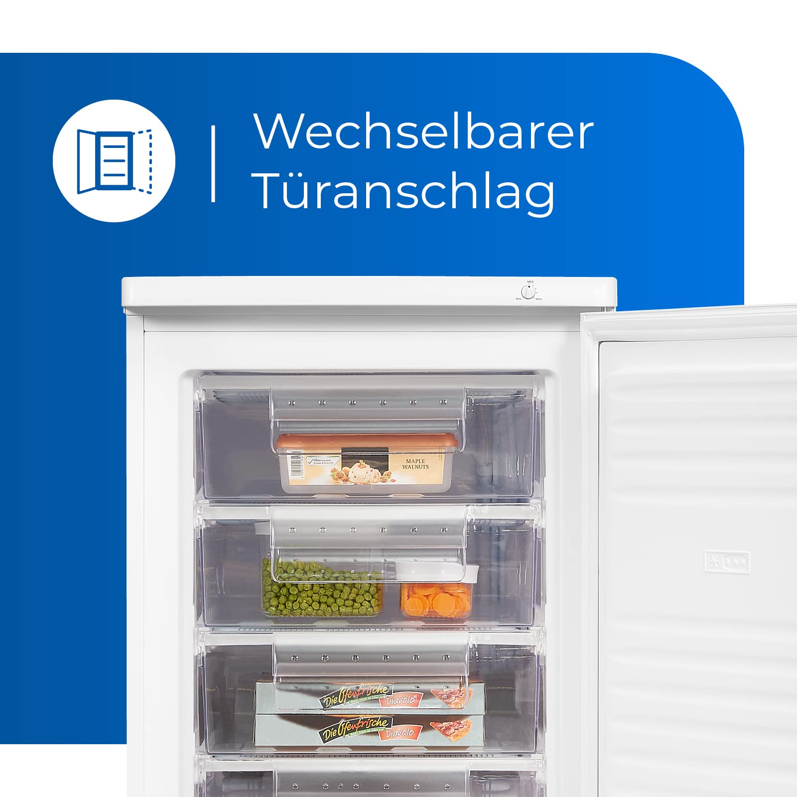 Exquisit GS12-040E Gefrierschrank - 91 L Standgerät - Tiefkühlschrank Weiß | Freistehendes Modell mit 4 Schubladen, wechselbarem Türanschlag und stufenloser Temperaturregelung für flexible Lagerung