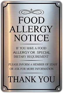 Food Allergy Notice tin sign Vintage Restaurant Food Safety Metal Sign for Garden & Yard Bar Porch Garage Home Bedroom Kitchen Decor Gift 8 x 12, easy to hang