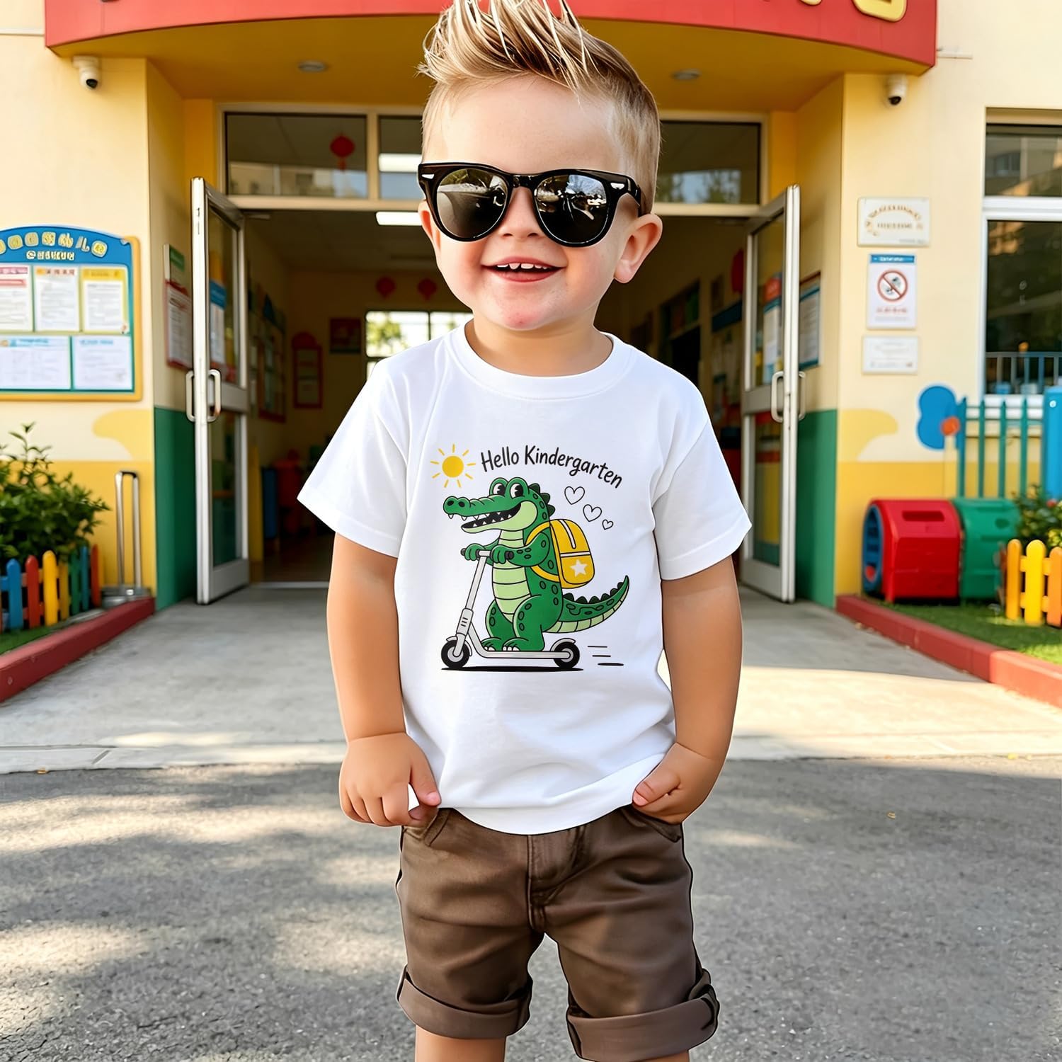 Ritatte Kid Boys Hello Kindergarten Shirt First Day of Kindergarten Crocodile Scooter Graphic Tee Back to School Outfit