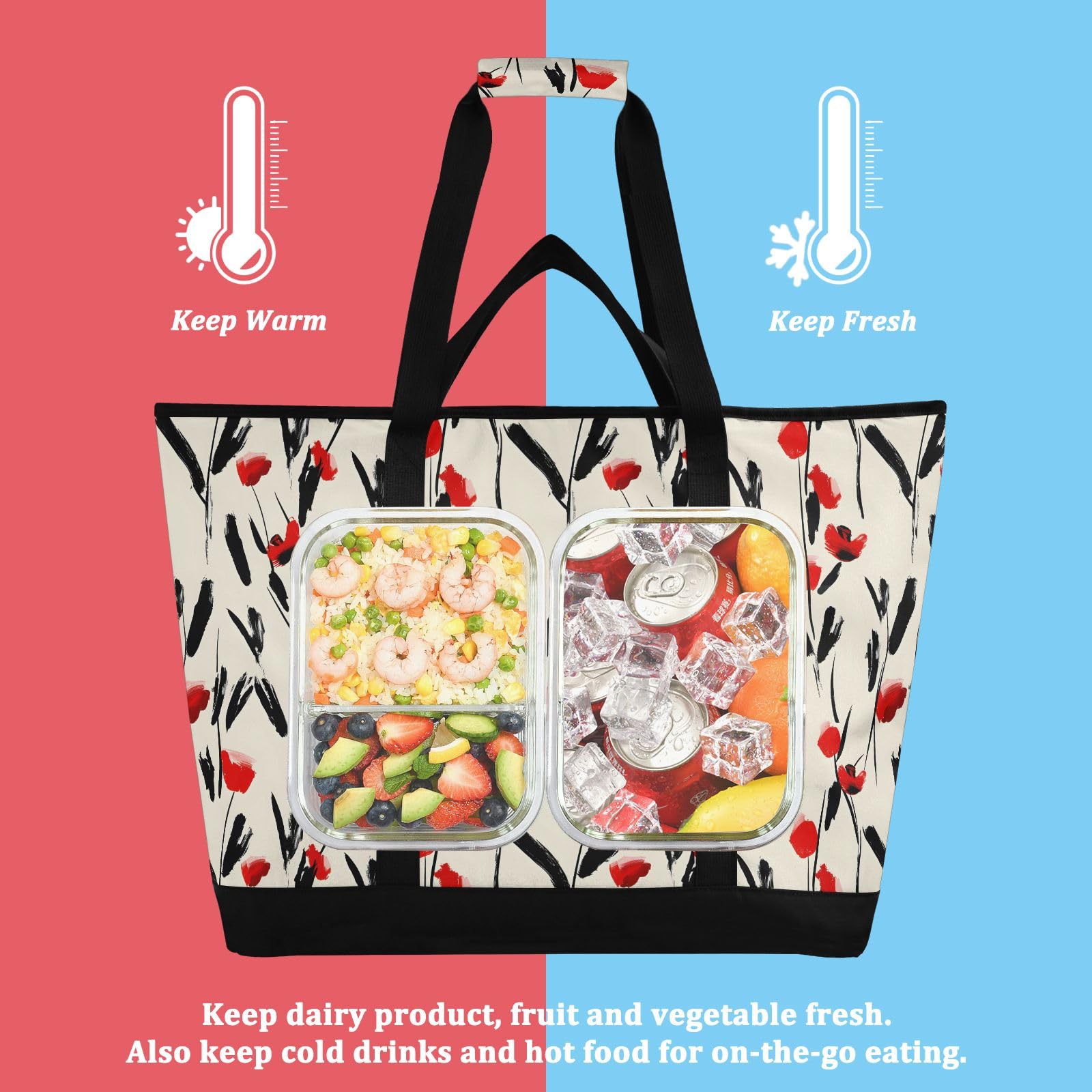 Creative Simple - Bolsa térmica con aislamiento floral, bolsas de compras reutilizables con cremallera, bolsa térmica grande portátil para viajes o camping