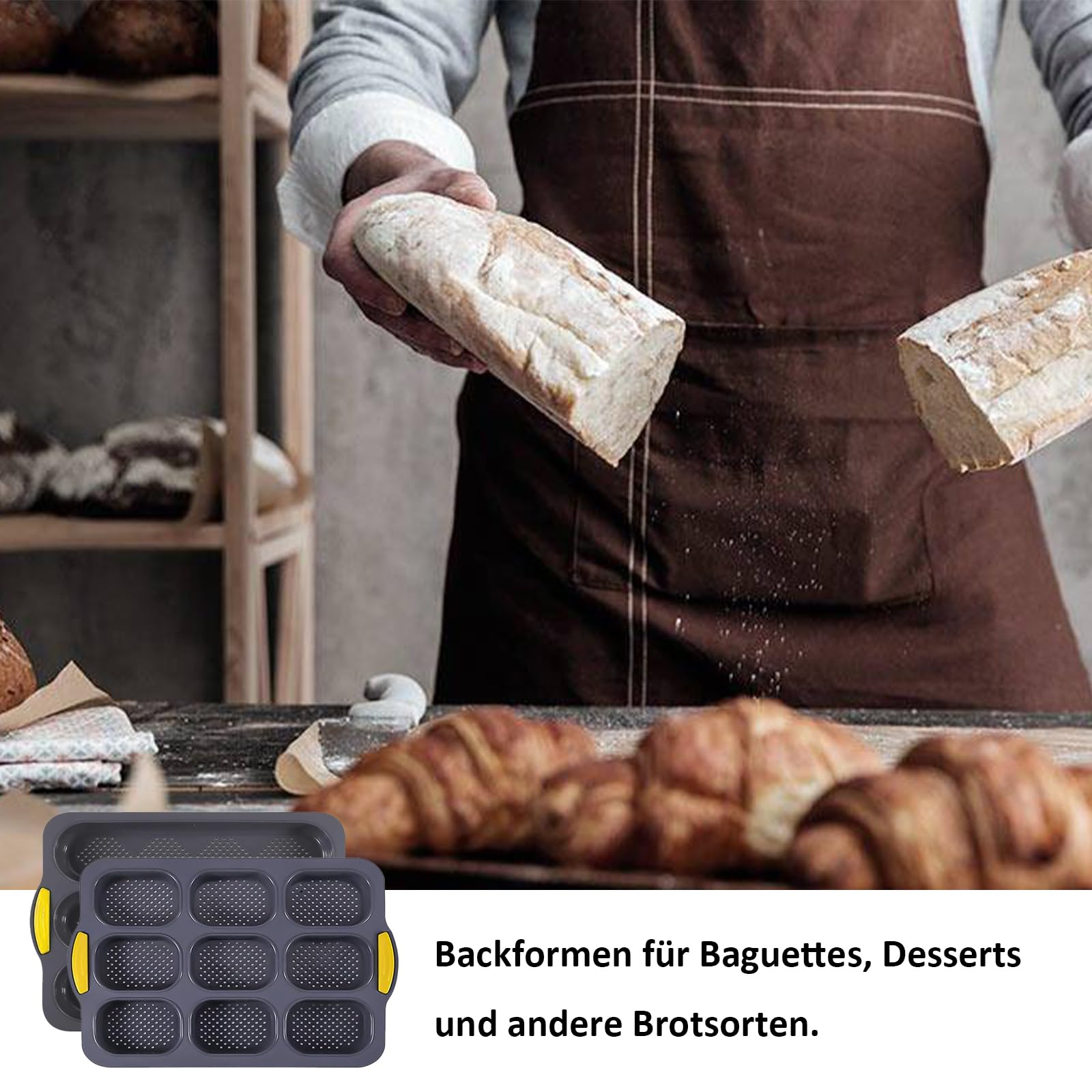 Stampo per Baguette, 2 Pezzi Stampo per Baguette in Silicone Antiaderente, Stampo per Panini, Stampi per Baguette, con Taglierina e Pennello in Silicone, per Cuocere il Pane in Cucina, Grigio