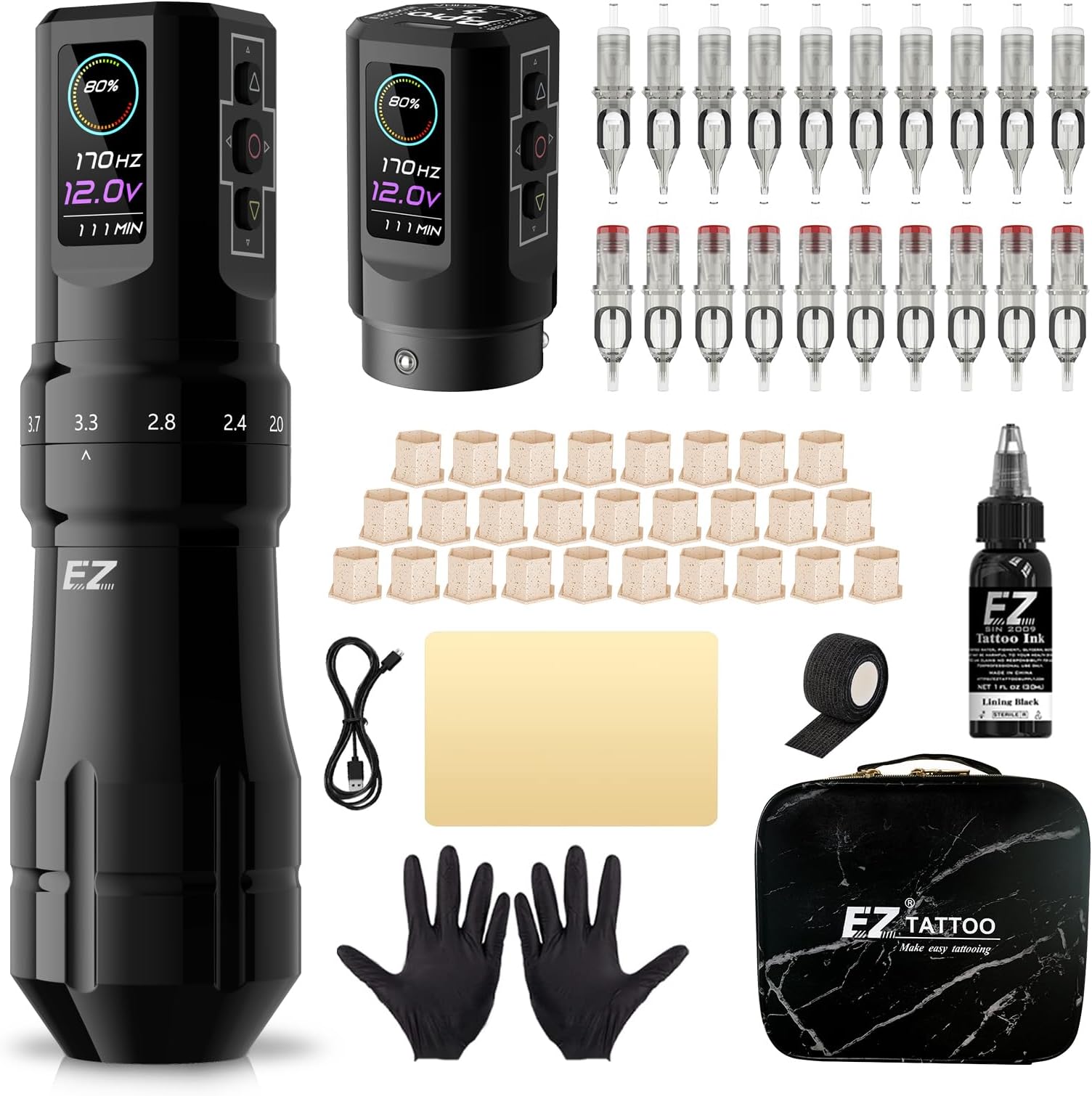 EZ Tattoo Kit - Tattoo Machine Kit Complete with 6 Strokes 2mm-4.2mm Wireless Tattoo Machine Pen with 1600mAh Battery Power Supply for Tattoo Beginners and Tattoo Artists (P3 Pro Gloss Black)